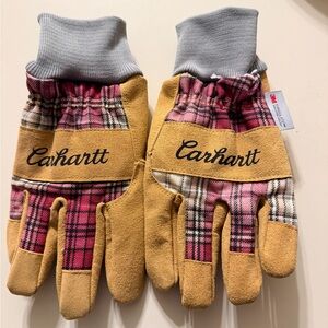 Carhartt Pink Plaid and Tan Leather Utility Gloves